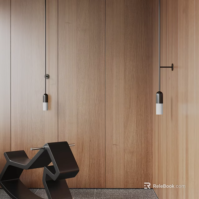 Modern Wall Sconces On Wooden Panel Wall With Black Geometric Furniture 3d model 