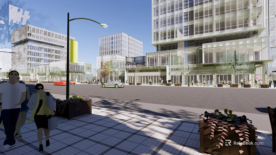 Modern Commercial Street With Glass Buildings Pedestrians Cars Street Lamps And Greenery 3d model 