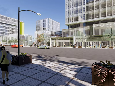 Modern Commercial Street With Glass Buildings Pedestrians Cars Street Lamps And Greenery 3d model