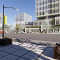 Modern Commercial Street With Glass Buildings Pedestrians Cars Street Lamps And Greenery