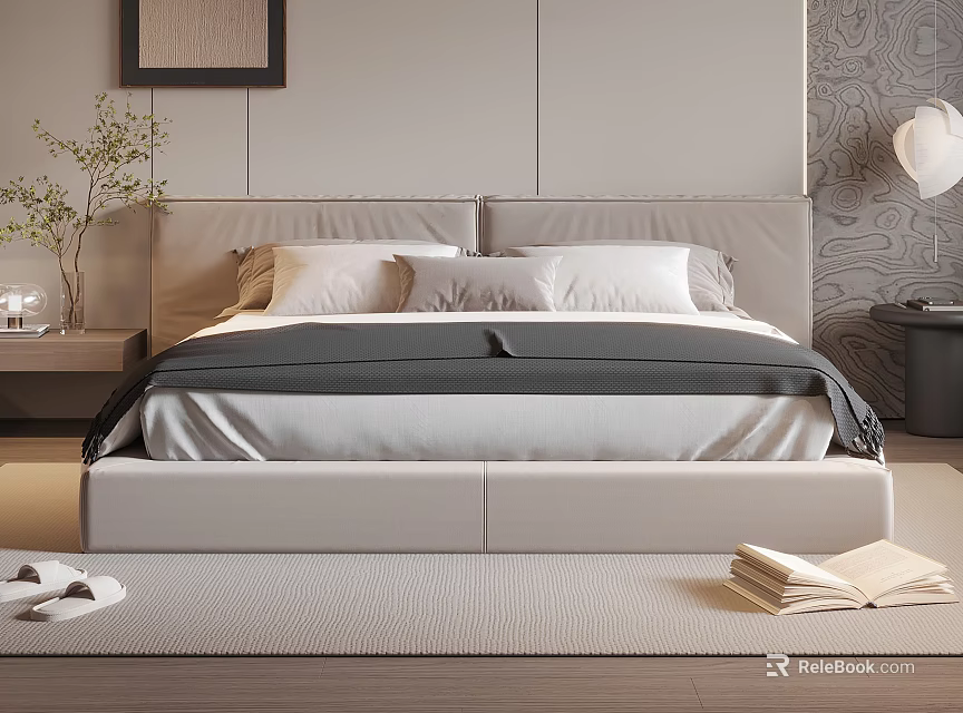 Modern Double Bed Bedroom Interior With Upholstered Headboard Neutral Bedding And Area Rug 3d model 