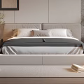 Modern Double Bed Bedroom Interior With Upholstered Headboard Neutral Bedding And Area Rug