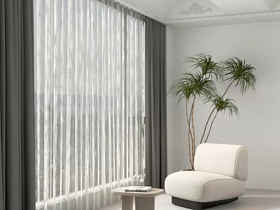 Two Layer Sheer And Thick Curtains In Modern Living Room With White Armchair Palm Tree 3d model