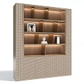 Modern Wooden Decorative Cabinet Featuring Multiple Shelves and Decorative Items with Lattice Panels