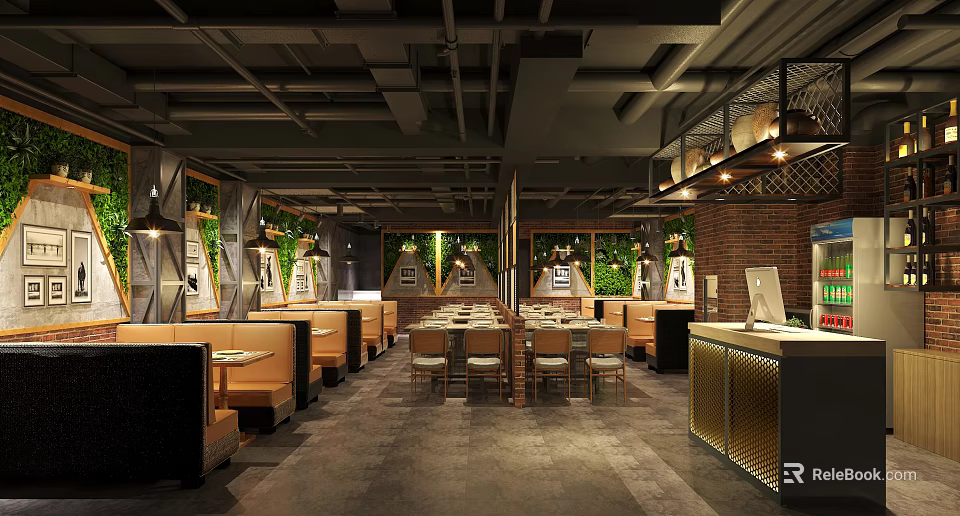 Industrial Restaurant Interior Design with Booth Seats Green Plant Walls Brick Walls and Metal Ceiling 3d model 