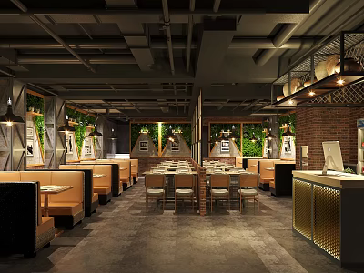 Industrial Restaurant Interior Design with Booth Seats Green Plant Walls Brick Walls and Metal Ceiling 3d model