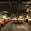 Industrial Restaurant Interior Design with Booth Seats Green Plant Walls Brick Walls and Metal Ceiling