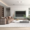 Modern Living Room Interior Design With Brown Sofa TV Wall And Green Plant