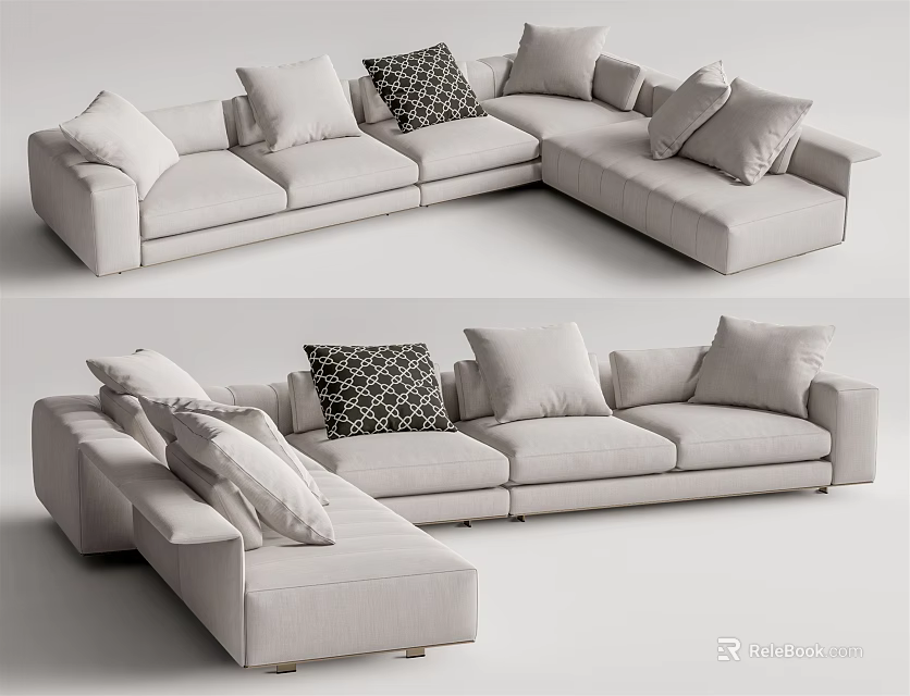 Modern Light Gray Sectional Sofa With Multiple Decorative Pillows And Linen Fabric Design 3d model 