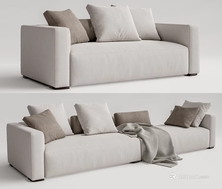 Modern Beige Fabric Multi-seat Sofa With Soft Decorative Pillows And Cozy Throw Blanket 3d model 
