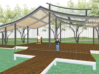Garden Landscape Featuring Pergola Structure Wooden Platform Trees And Construction Scene 3d model