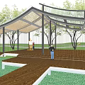 Garden Landscape Featuring Pergola Structure Wooden Platform Trees And Construction Scene