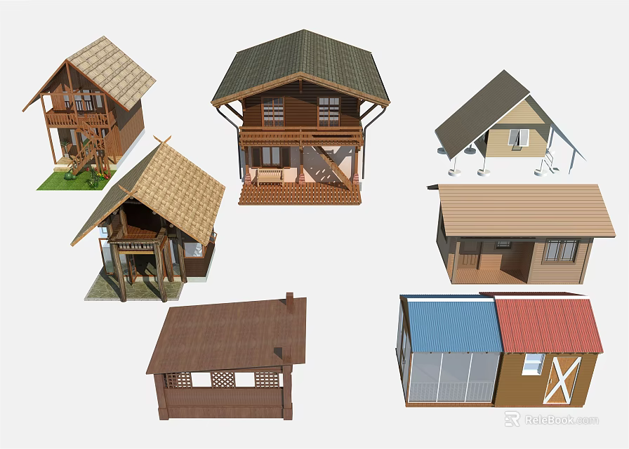 Various Wooden Houses With Traditional And Modern Roof Styles And Exterior Designs 3d model 