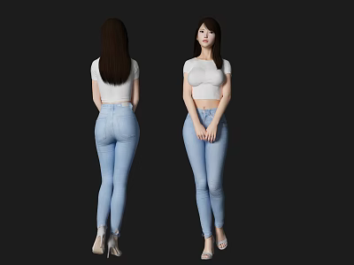 Woman in White T-shirt and Light Blue Jeans with High Heels Front and Back Views 3d model