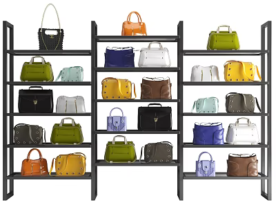 Tiered Display Shelves With Colorful Handbags Of Various Styles For Retail 3d model