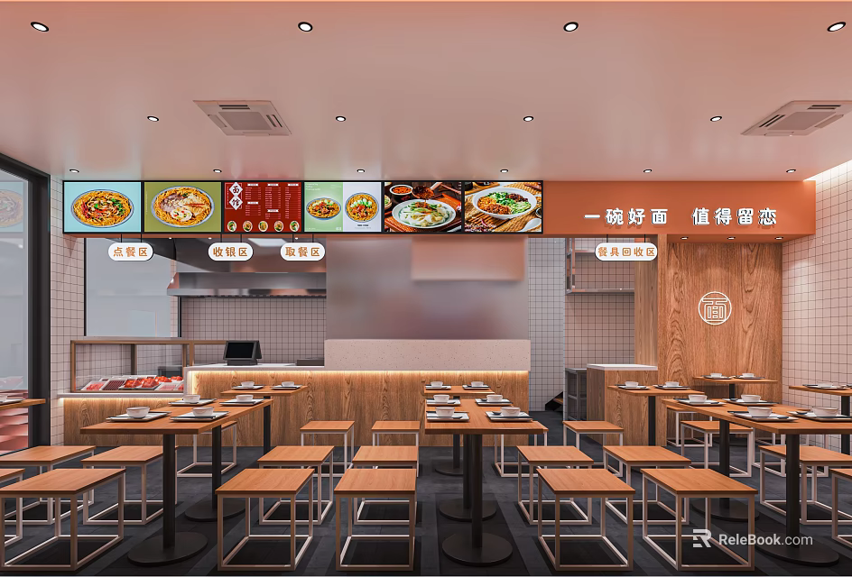 Modern Restaurant Interior With Bright Lighting Digital Menu Screens Wooden Tables And Chairs 3d model 