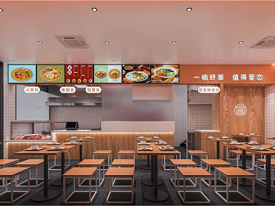 Modern Restaurant Interior With Bright Lighting Digital Menu Screens Wooden Tables And Chairs 3d model