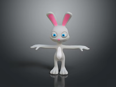 Cute White 3D Rabbit With Pink Ears Blue Eyes And Outstretched Arms On Gray Reflective Surface 3d model