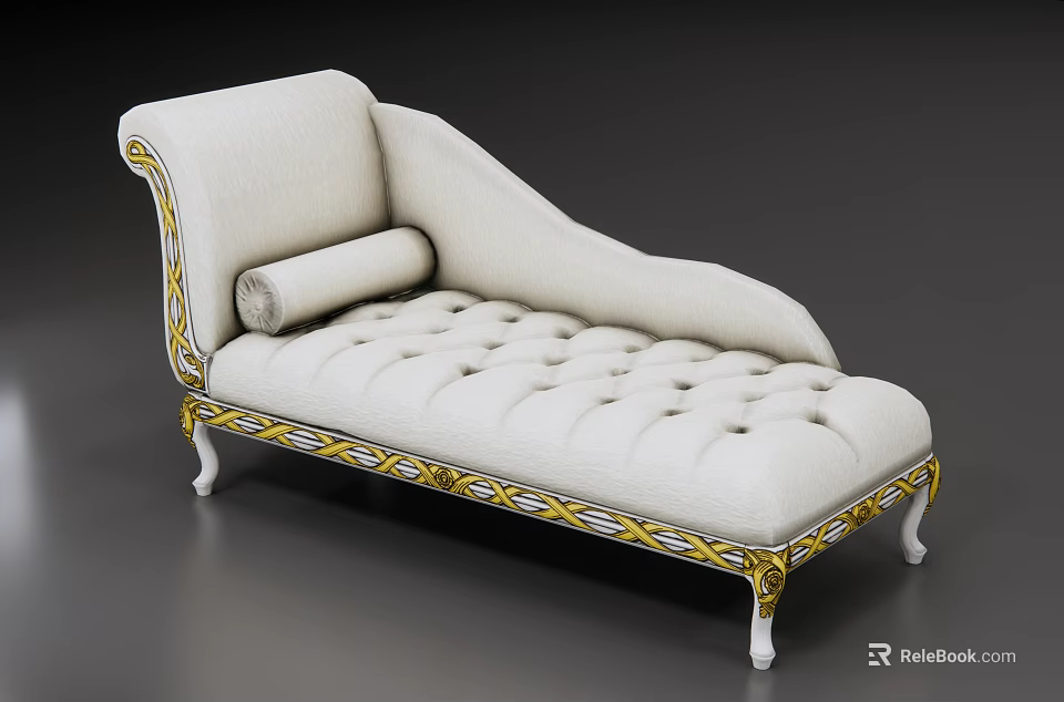 Elegant White Chaise Lounge With Gold Accents Tufted Cushion And Ornate Gold Legs 3d model 