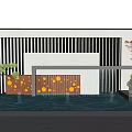Modern Garden Landscape with Striped Walls Red Maple Tree Yellow Panels Fountains and Green Plants