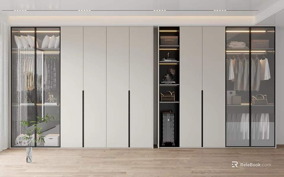 Modern White Wardrobe With Glass Door Sections And Internal Storage Compartments 3d model 