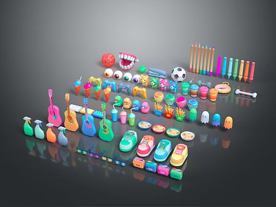 Vibrant Decorative Ornaments Set With Various Shapes Including Musical Instruments Shoes Balls And Pencils 3d model