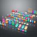 Vibrant Decorative Ornaments Set With Various Shapes Including Musical Instruments Shoes Balls And Pencils