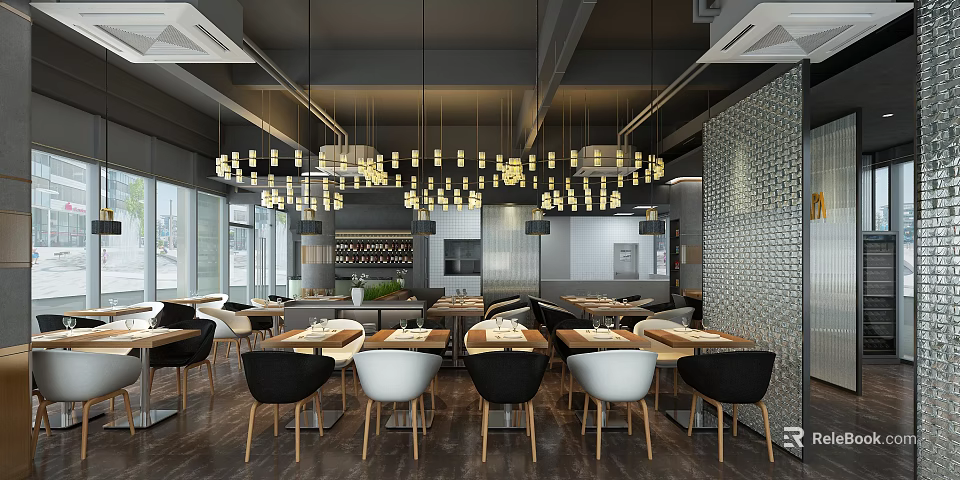 Modern Restaurant Interior With Open Layout Pendant Lights Wooden Tables And Comfortable Chairs 3d model 