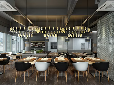 Modern Restaurant Interior With Open Layout Pendant Lights Wooden Tables And Comfortable Chairs 3d model