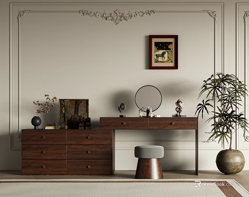 Wooden Dressing Table Featuring Round Mirror Decorative Items Padded Stool And Large Potted Plant 3d model 
