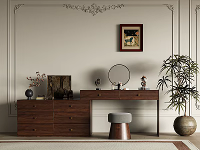 Wooden Dressing Table Featuring Round Mirror Decorative Items Padded Stool And Large Potted Plant 3d model