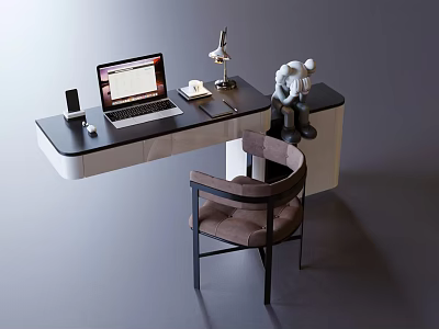 Modern Home Office Desk With Laptop Table Lamp Figurine Smartphone Coffee Cup And Chair 3d model