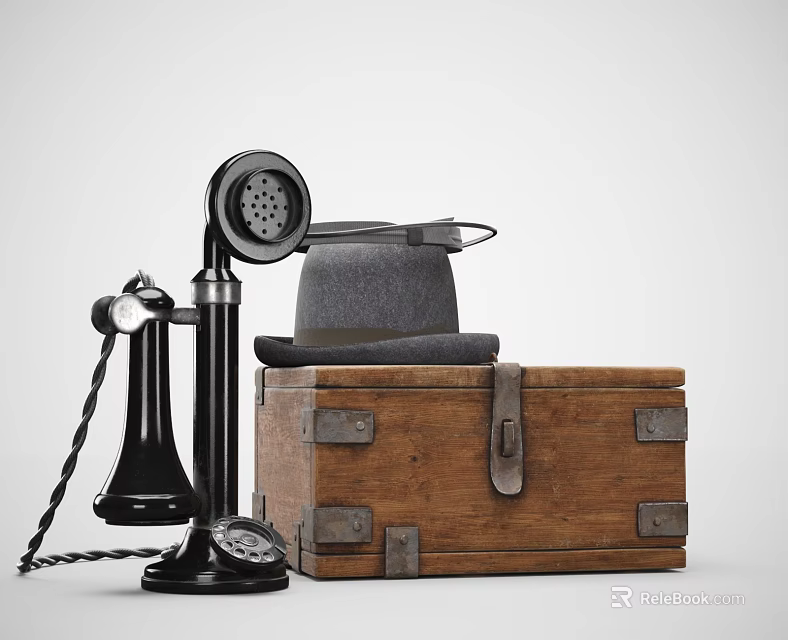 Vintage Wooden Trunk Display With Classic Telephone And Gray Hat On White Background 3d model 