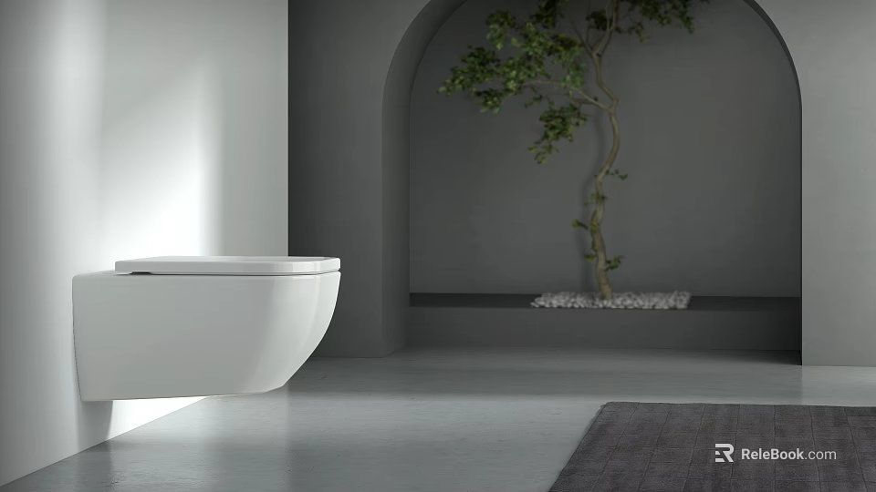 White Wall Mounted Toilet in Modern Bathroom with Gray Walls Arched Doorway and Green Plant 3d model 