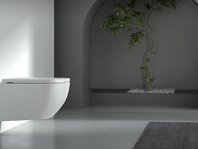 White Wall Mounted Toilet in Modern Bathroom with Gray Walls Arched Doorway and Green Plant 3d model