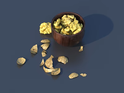 Walnut Kernels in Wooden Bowl with Scattered Shells on Gray Surface 3d model