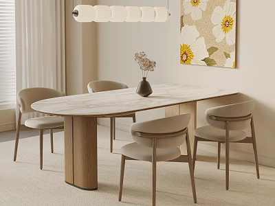 Modern Oval Marble Top Dining Table Set with Four Light Gray Chairs and Wooden Legs 3d model