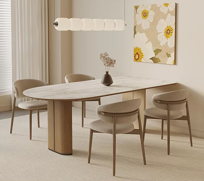 Modern Oval Marble Top Dining Table Set with Four Light Gray Chairs and Wooden Legs 3d model