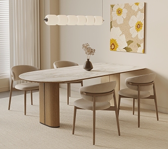 Cream style dining table and chair wall-sticking dining table and chair chandelier decorative painting 3d model