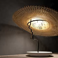 Straw Hat Shaped Table Lamp With Black Stand And White Round Base On Dark Background 3d model