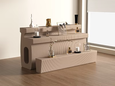 Beige Wavy Design Display Cabinet With Perfume Bottles Decorative Items And Candles In Bright Room 3d model