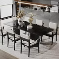 Modern Black Dining Table Set With Six Chairs Vases And Decorations In Kitchen 3d model