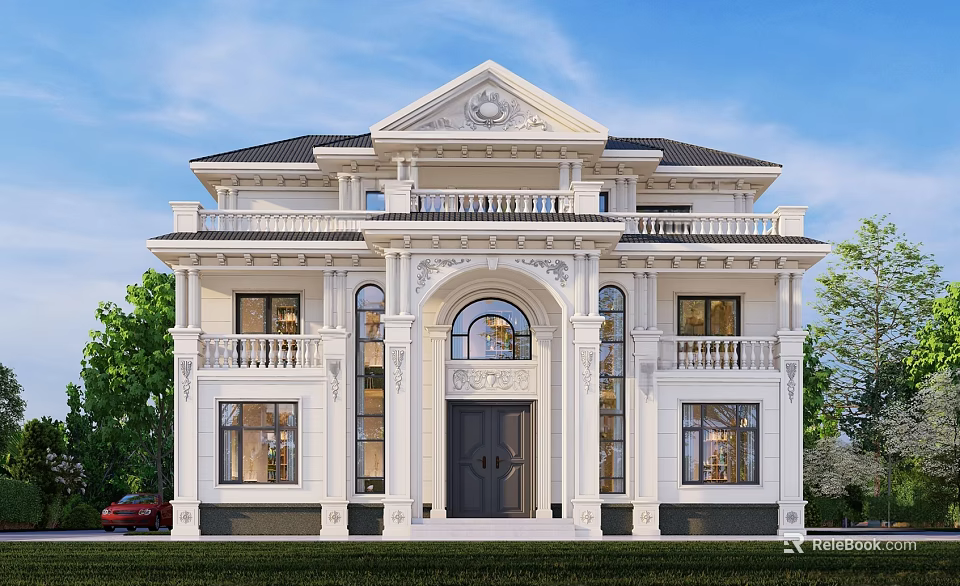 Classic White Detached Villa Featuring Arched Doorway Balconies Ornate Details And Black Roof 3d model 