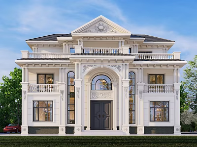 Classic White Detached Villa Featuring Arched Doorway Balconies Ornate Details And Black Roof 3d model