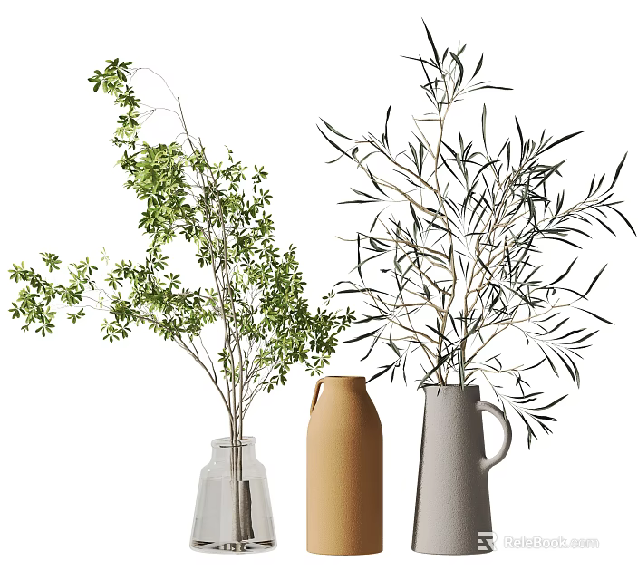 Various Decorative Vases With Green Leafy Branches For Home Decoration 3d model