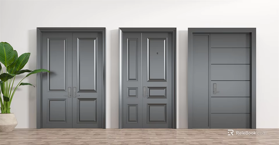 Gray Double Doors With Various Designs Against White Wall And Wooden Floor 3d model 