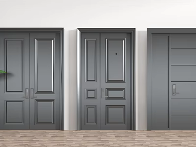 Gray Double Doors With Various Designs Against White Wall And Wooden Floor 3d model