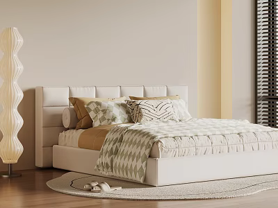 Modern Bedroom Interior With White Headboard Patterned Pillows Cozy Rug And Wave Lamp 3d model