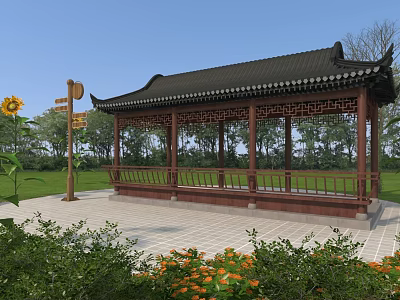 Traditional Chinese Pavilion With Black Roof Carved Railings And Surrounding Sunflowers 3d model