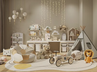 Cozy Kids Room With Teepee Tent Stuffed Animals Shelves Hanging Lanterns And String Lights 3d model